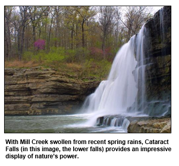 With Mill Creek swollen from recent spring rains, Cataract Falls (in this image, the lower falls) provides an impressive display of nature's power.
